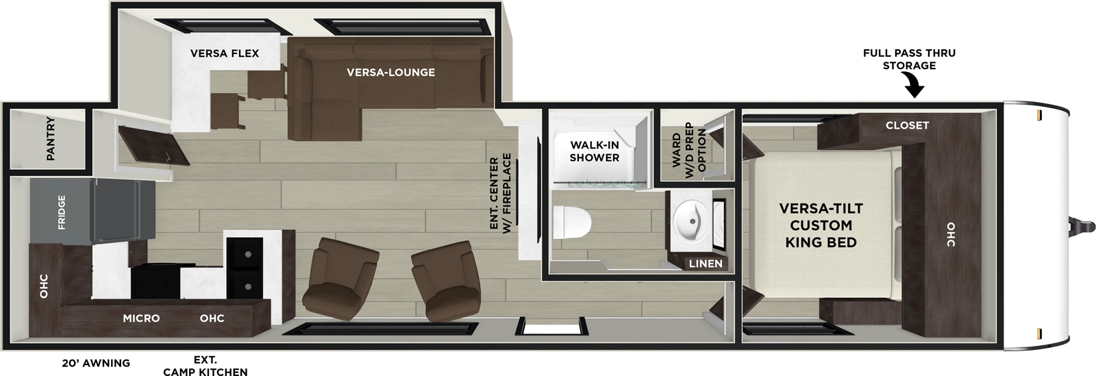 The Evo 27RK floorplan has one entry and one slide out. Exterior features include: metal exterior, 20' awning and outside kitchen. Interiors features include: rear kitchen and front bedroom.